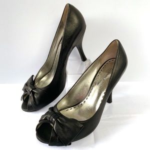 Gianna Bini Leather Open Toe Black Heels Size 7.5
